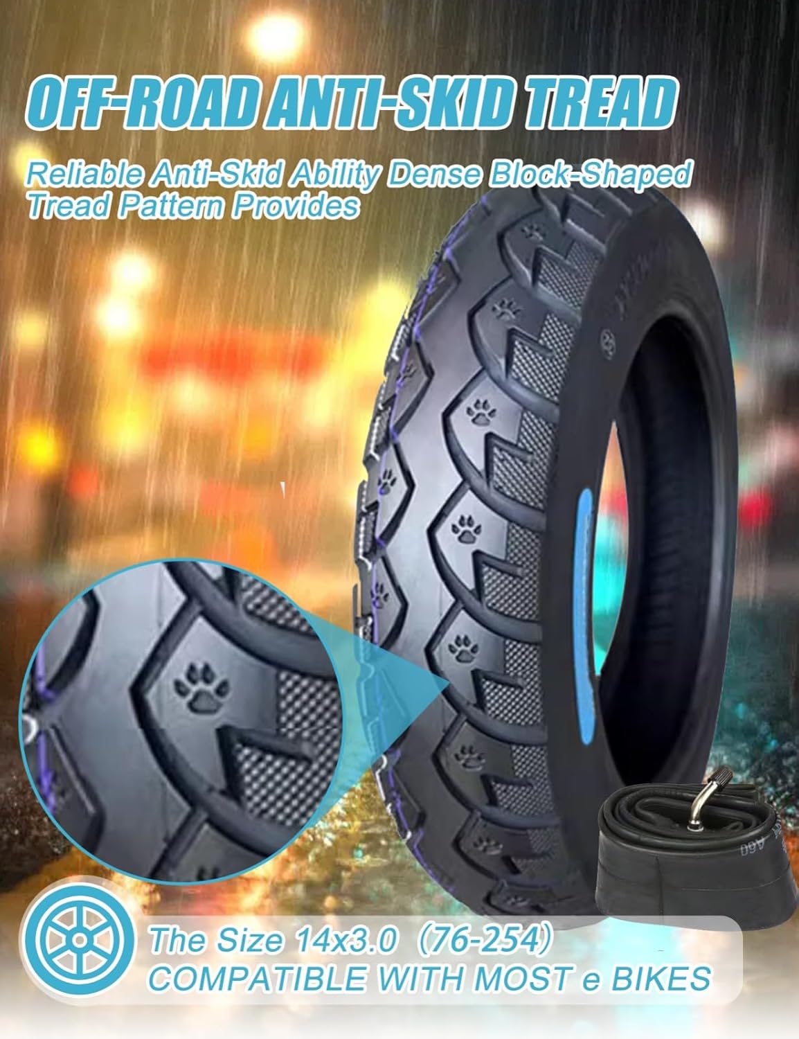 14x3.0 76-254 Bike Tire and Tube Compatible with 3.00-10 Dirt Bike Tire Street Neumático Max Load 352LBS, 300kPa, 44 F Speed for Electric Bike Tyre with Anti-Skid Tread and Thickened Design