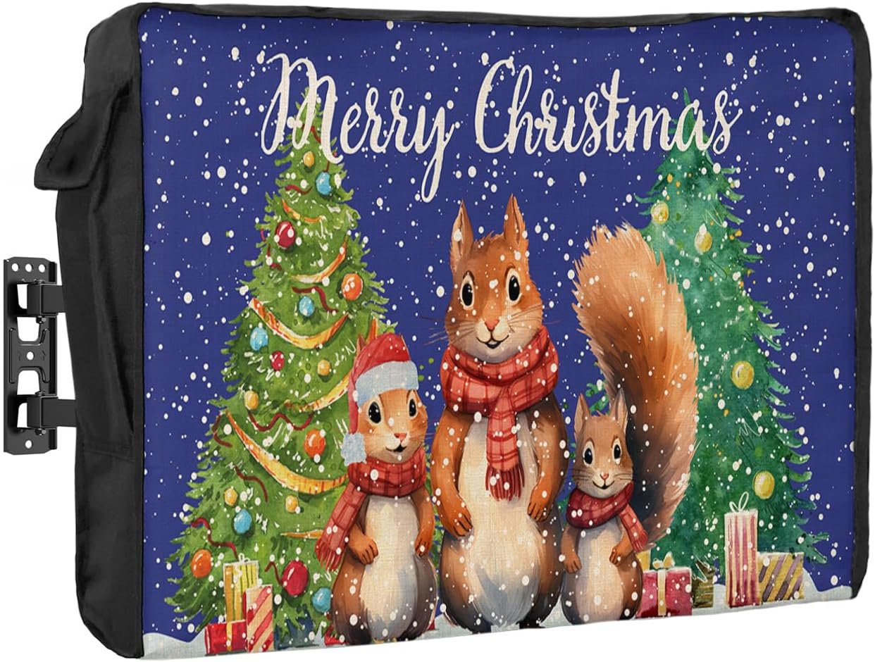 Outdoor TV Cover - Merry Christmas Blue Squirrel with Gifts Xmas Tree Waterproof and Weatherproof 40"-43" LCD Movable Shield TV Display Screen Protector Outside Television Covers