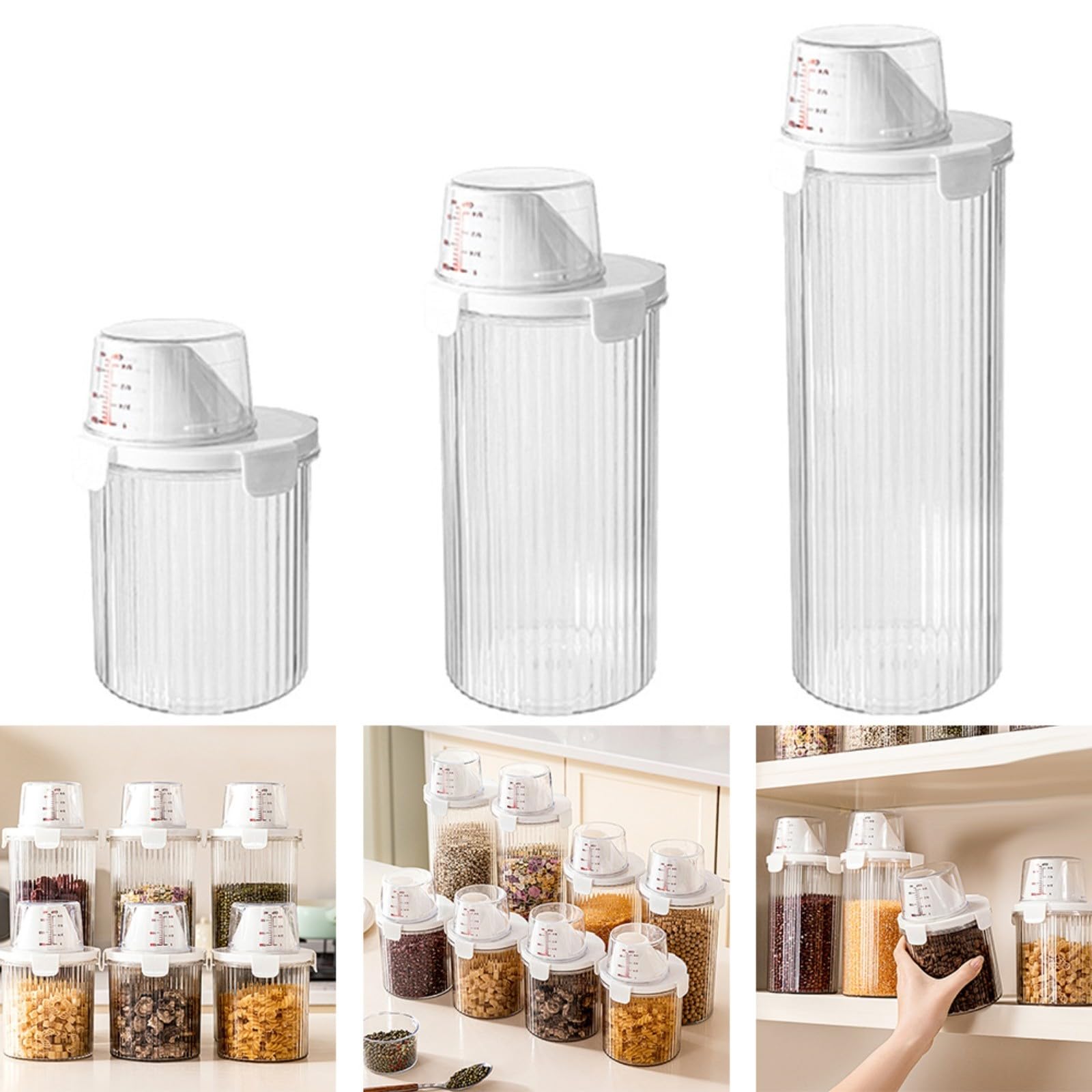 Contenitore ermetico trasparente con beccuccio e paletta per riso, cereali, farina, zucchero, noci, fagioli, cibo secco, dispensa, organizer in plastica grande (piccolo+medio+grande)