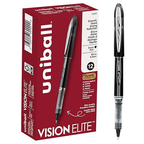 uni-ball Vision Elite Rollerball Pens Fine Point Micro Tip, 0.5mm, Black, 12 Pack