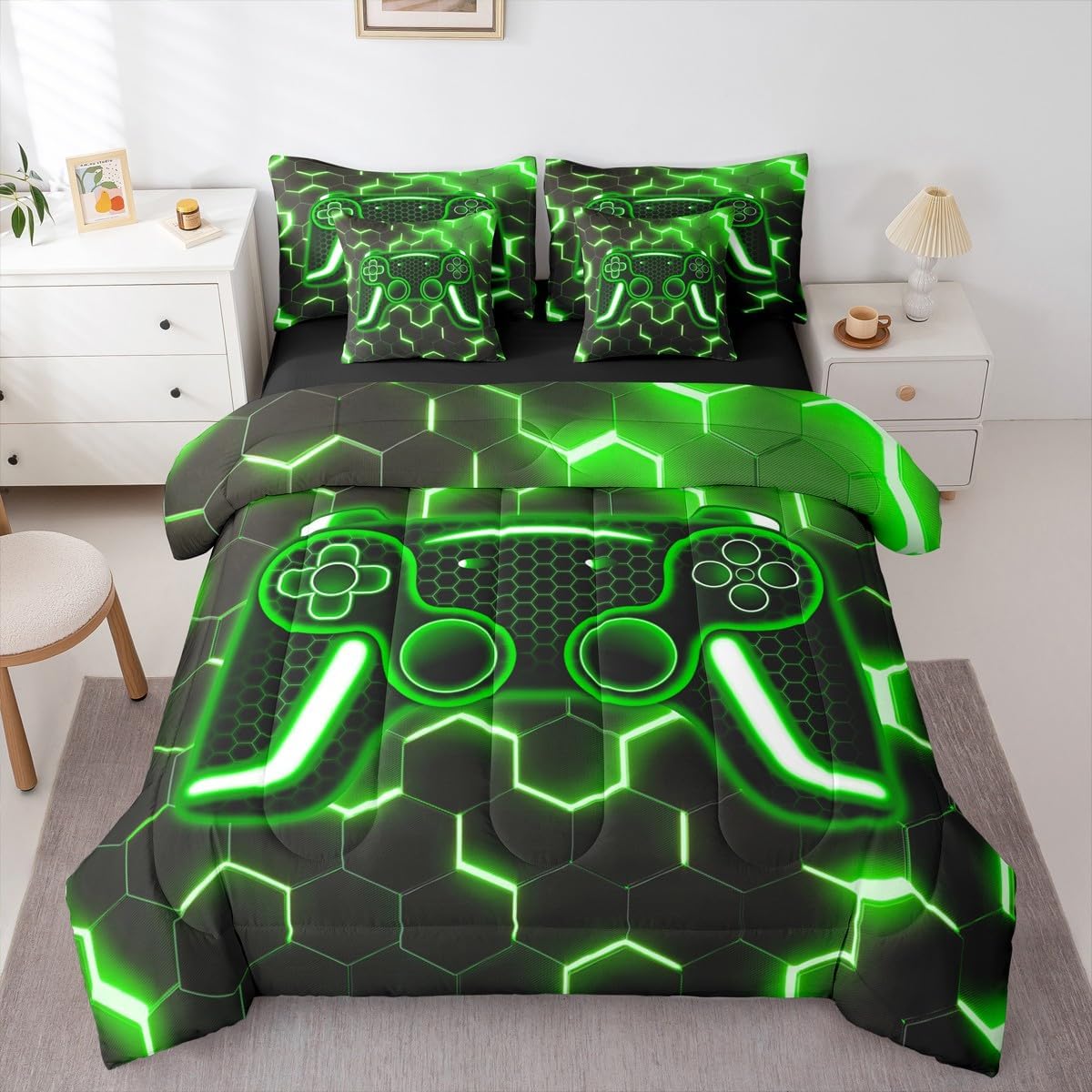 Erosebridal Gaming Queen Bedding Sets 7 Piece for Boys Kids Teens Gamer Comforter Set Geometric Green Gamepad Sheet Set Video Games Console Bed in A Bag Honeycomb Bedroom Decor