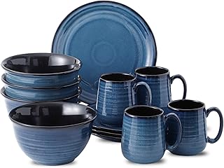 Hasense 12-Piece Porcelain Kitchen Dinnerware Set with Plates, Bowls and Mugs, Service for 4, Handmade Reactive Glaze Dishes Set, Chip Resistant and Scratch Resistant, Dishwasher Microwave Safe, Blue