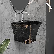 REMOTION Luxury Wall Mount Half Pedestal Wash Basin for Bathroom | Designer Wall Hung Basin | Wall Mounted Washbasin for Resturent, Hotels (14 x 14 x 11 Inch) (Black Gold Jelly)