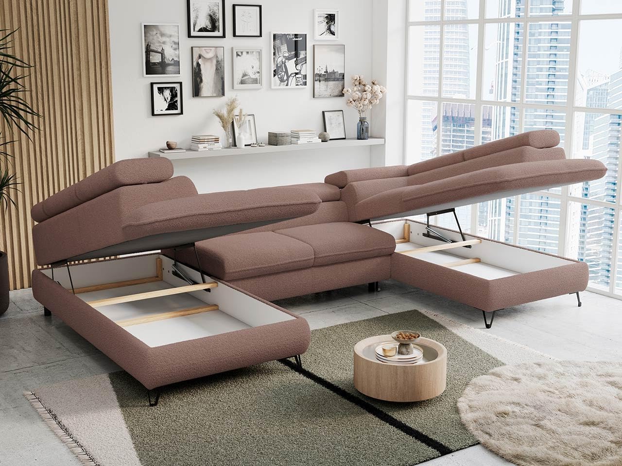 MKS MEBLE Sofa U-Shape Pink, Living Landscape U-Shape, Sofa with Sleep Function and Bed Box, Sofa Bed with Bed Box, Couch with Adjustable Headrests - Peter U - Rosa Boucle boucle Rosa Boucle - Now Or Never 64
