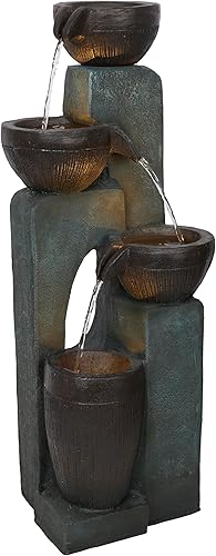 Alpine Corporation TZL396 31" 4 Tier Bowls Cascading Fountain with LED Lights, Elegant Outdoor Water Feature for Garden, Patio, Yard & Outdoor Spaces, Relaxing Waterfall Fountain, Gray