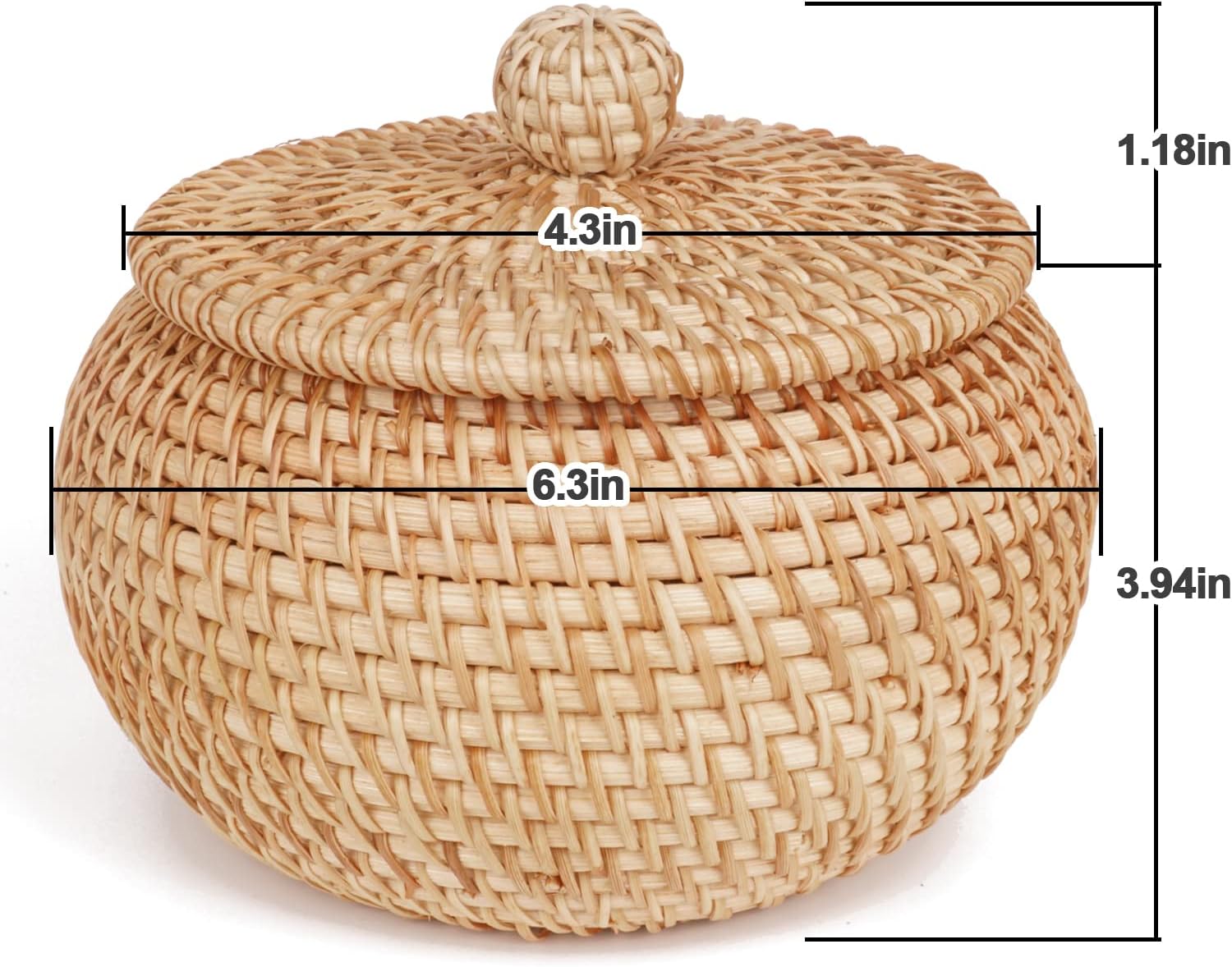 Round Rattan Basket Box with Lid Hand-Woven Wicker Basket Bin Multi-Purpose Wicker Tray 6.3Inch Picnic Food Bread Storage Basket (16x13cm)