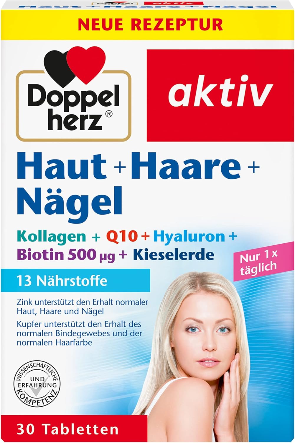 Doppelherz Huid + haar + nagels – 13 voedingsstoffen – met zink & biotine als bijdrage aan het behoud van normale huid, haar en nagels – 30 tabletten