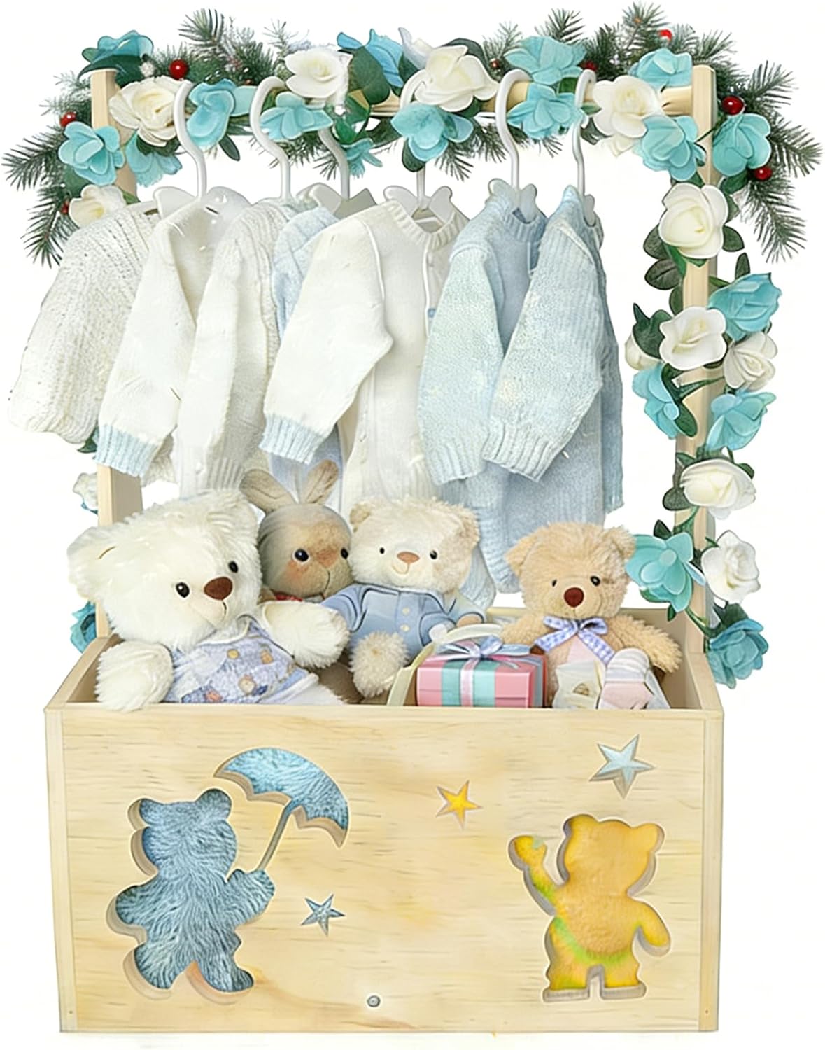 Wooden Baby Shower Crate Closet with Hanger Rack, Baby Shower Basket, 6 Baby Hangers, Removable Divider Board, Greenery Garland, Tools, Nursery Storage Organizer, Boys & Girls