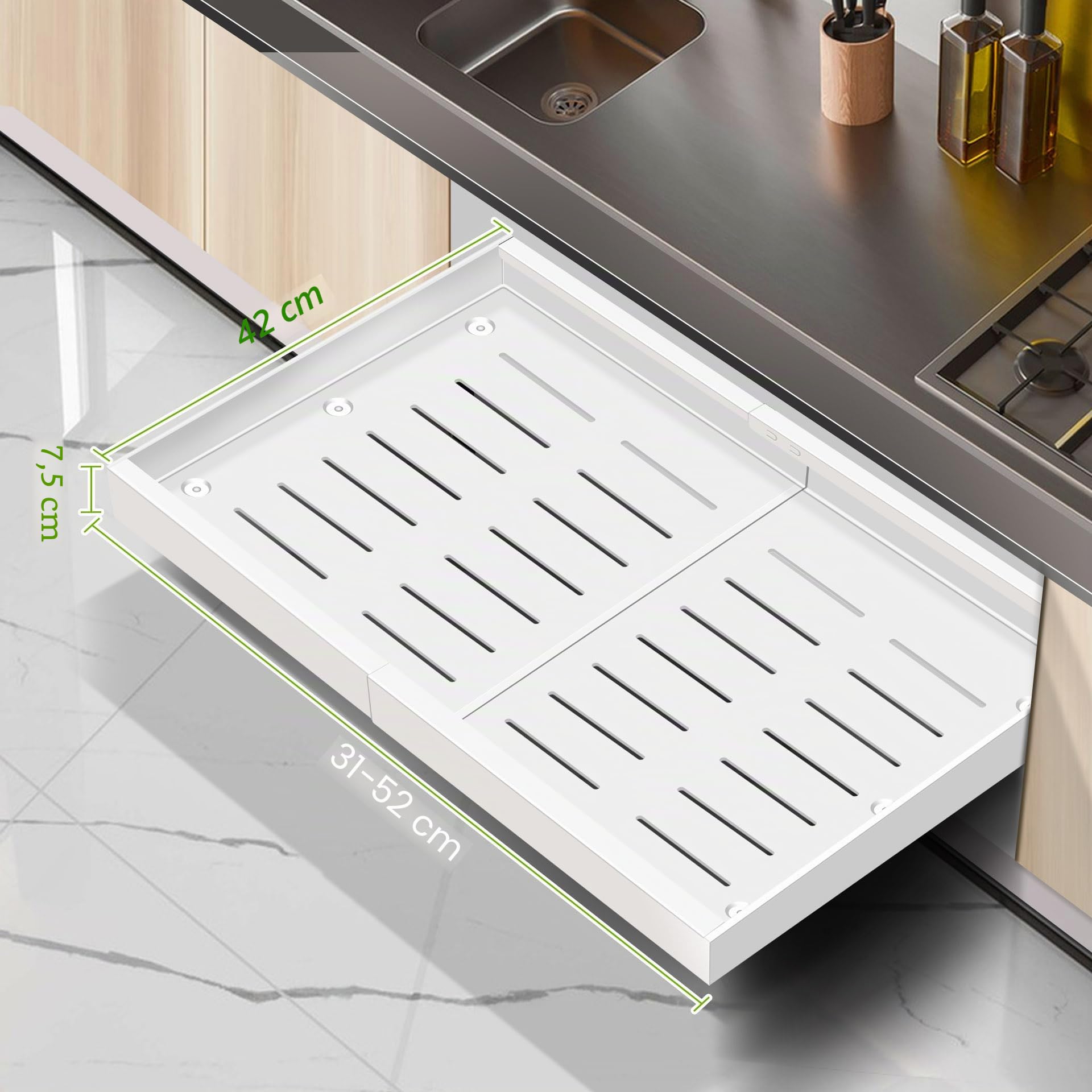Mimoke Organisateur de placard extensible - Tiroir de cuisine télescopique avec colle - Organisateur de tiroirs de rangement pour cuisine/salle de bain (blanc, largeur 31 à 52 cm, profondeur 42 cm)