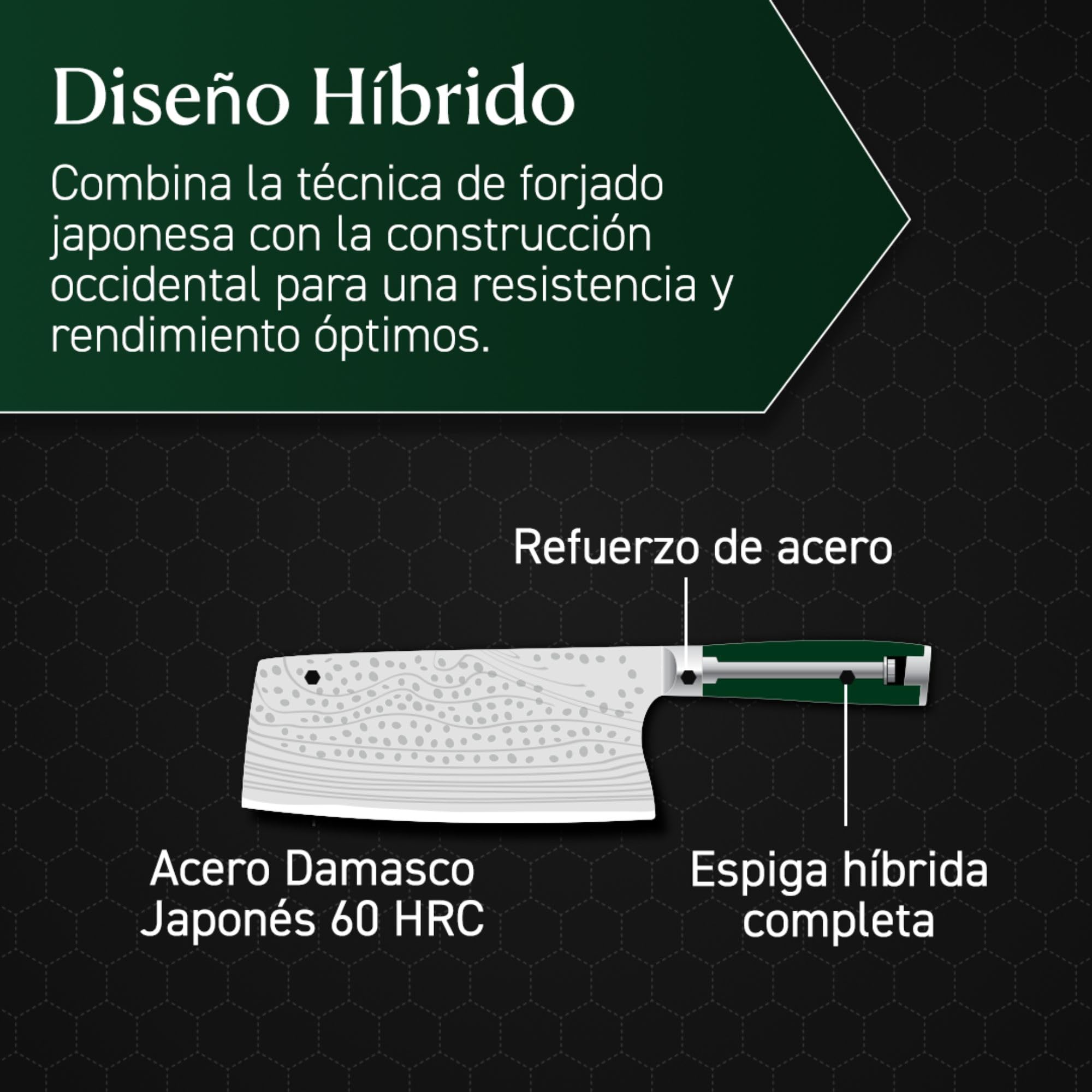 HexClad Cuchillo carnicero de 18 cm, hoja de acero inoxidable japonés de Damasco, construcción Full Tang, mango de madera de Pakka