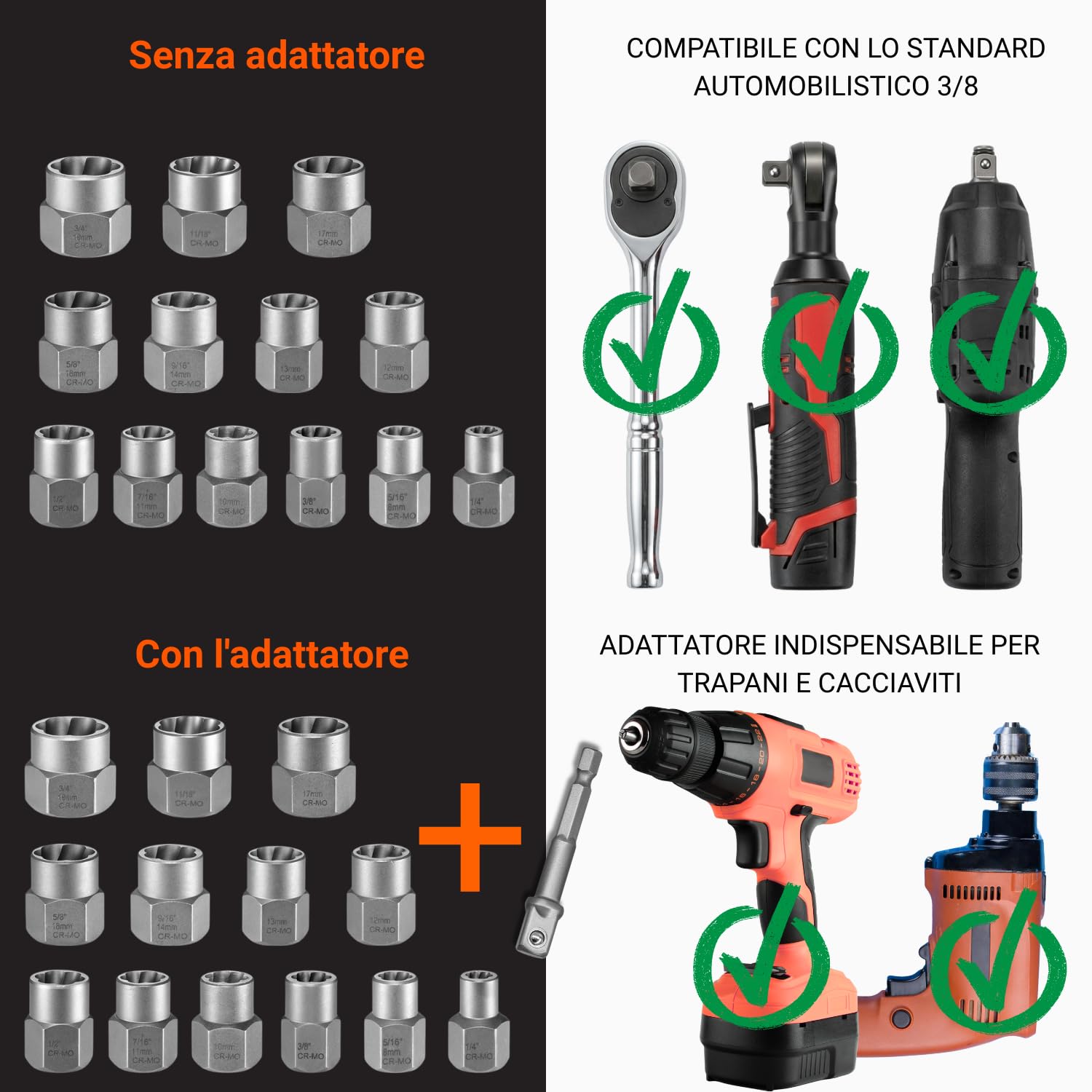 Estrattore Viti Spanate Kit 13 Bussole per Avvitatore 6,35-19mm + Adattatore HEX - Bulloni Antifurto Ruote Auto Estrattori Viti Danneggiate - Scanalature Inverse Cricchetto 3/8" Trapano Moto ✯KAPANOR✯