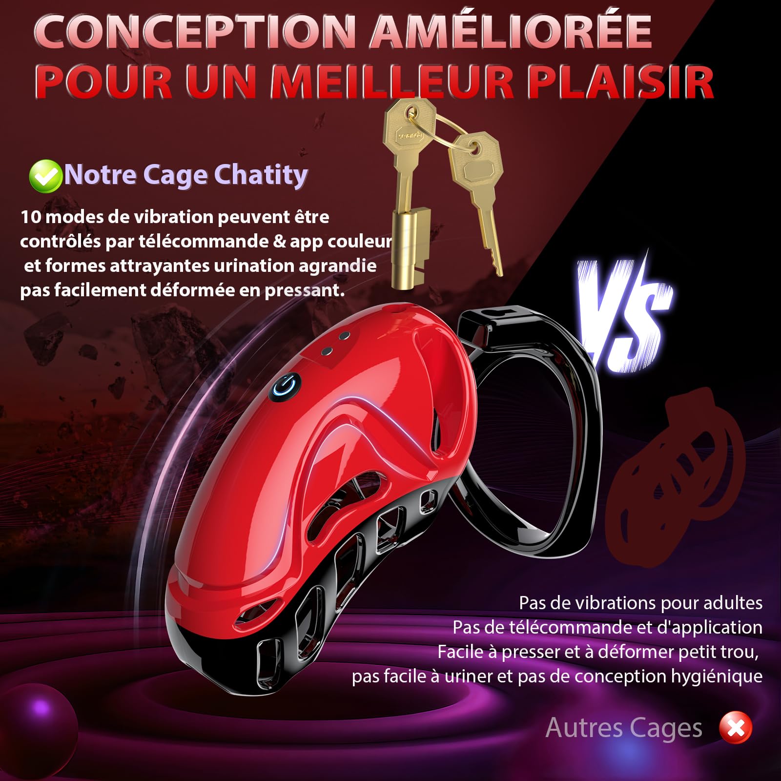 Cage de Chasteté Pénis Sex Toýs homme - Bondage SM avec Ceinture de Chasteté avec 5 Tailles Anneaux de Pénis 2 clés 1 serrure, Cock Chastity Cage Amovibles pour Empêcher L'érection Sex Toýs Couple