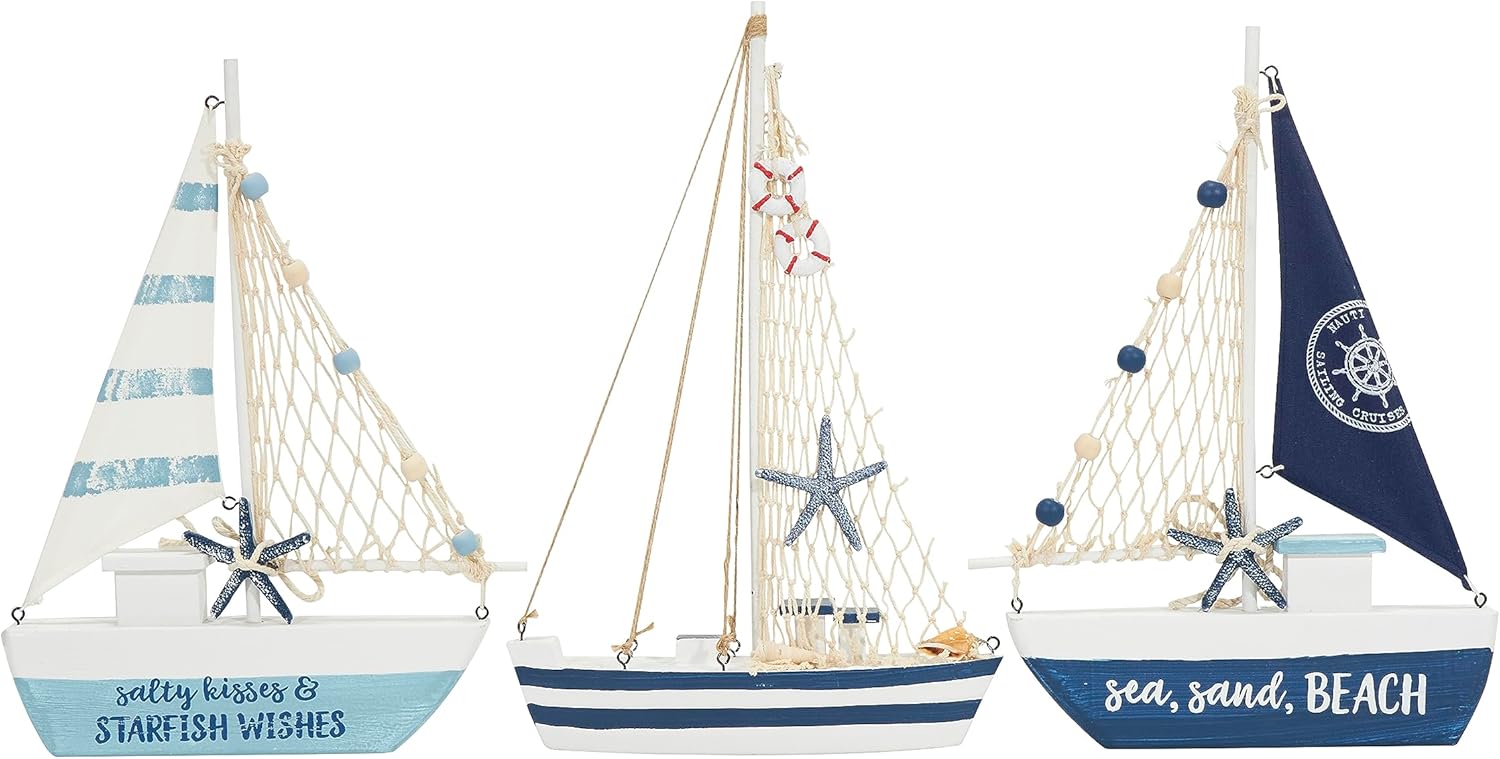 Deco 79 Resin Sail Boat Decorative Sculpture Home Decor Statues with Netting and Starfish Details, Set of 3 Accent Figurines 9″W, 14″H, Blue