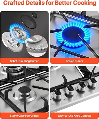 VEVOR 36 inch Gas Cooktop 5 Burners Gas Stove Top, Max 38300BTU Built-in Stainless Steel Stove Top LPG/NG Convertible Dual Fuel Cooktop Stoves with SABAF Dual-Ring Burner for Kitchen Apartment Rvs