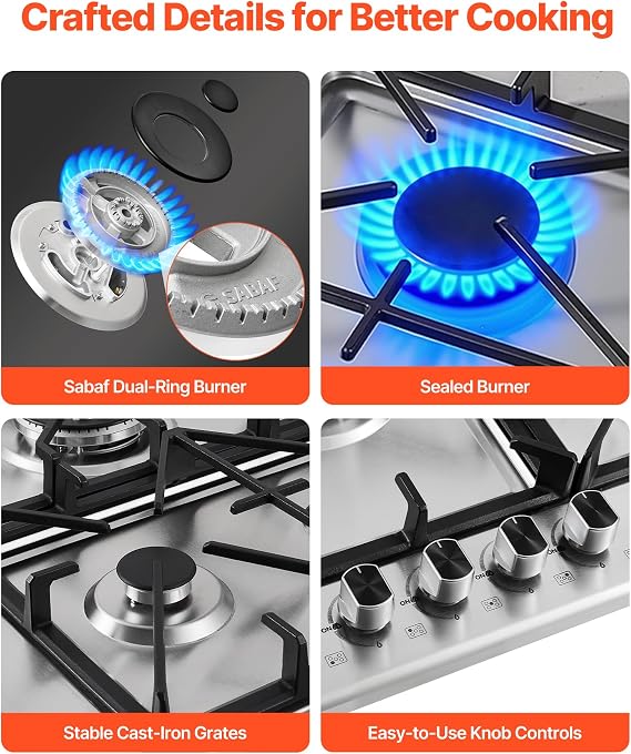VEVOR 36 inch Gas Cooktop 5 Burners Gas Stove Top, Max 38300BTU Built-in Stainless Steel Stove Top LPG/NG Convertible Dual Fuel Cooktop Stoves with SABAF Dual-Ring Burner for Kitchen Apartment Rvs