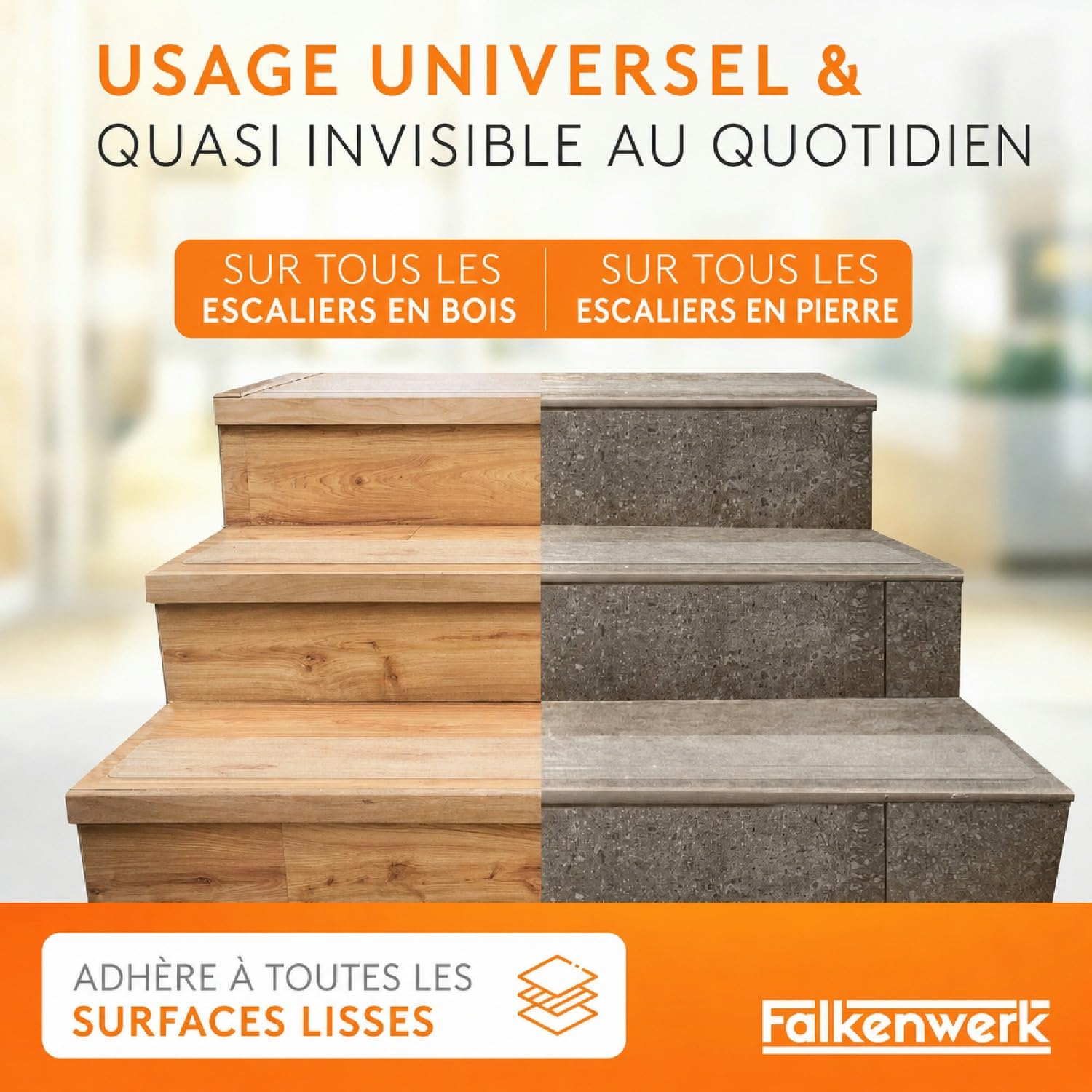 FALKENWERK Lot de 20 Tapis Antidérapants pour Escaliers - Bandes Autocollantes et Transparentes - 12 x 75 cm - Antidérapantes - Imperméables - Avec Rouleau à Spatule