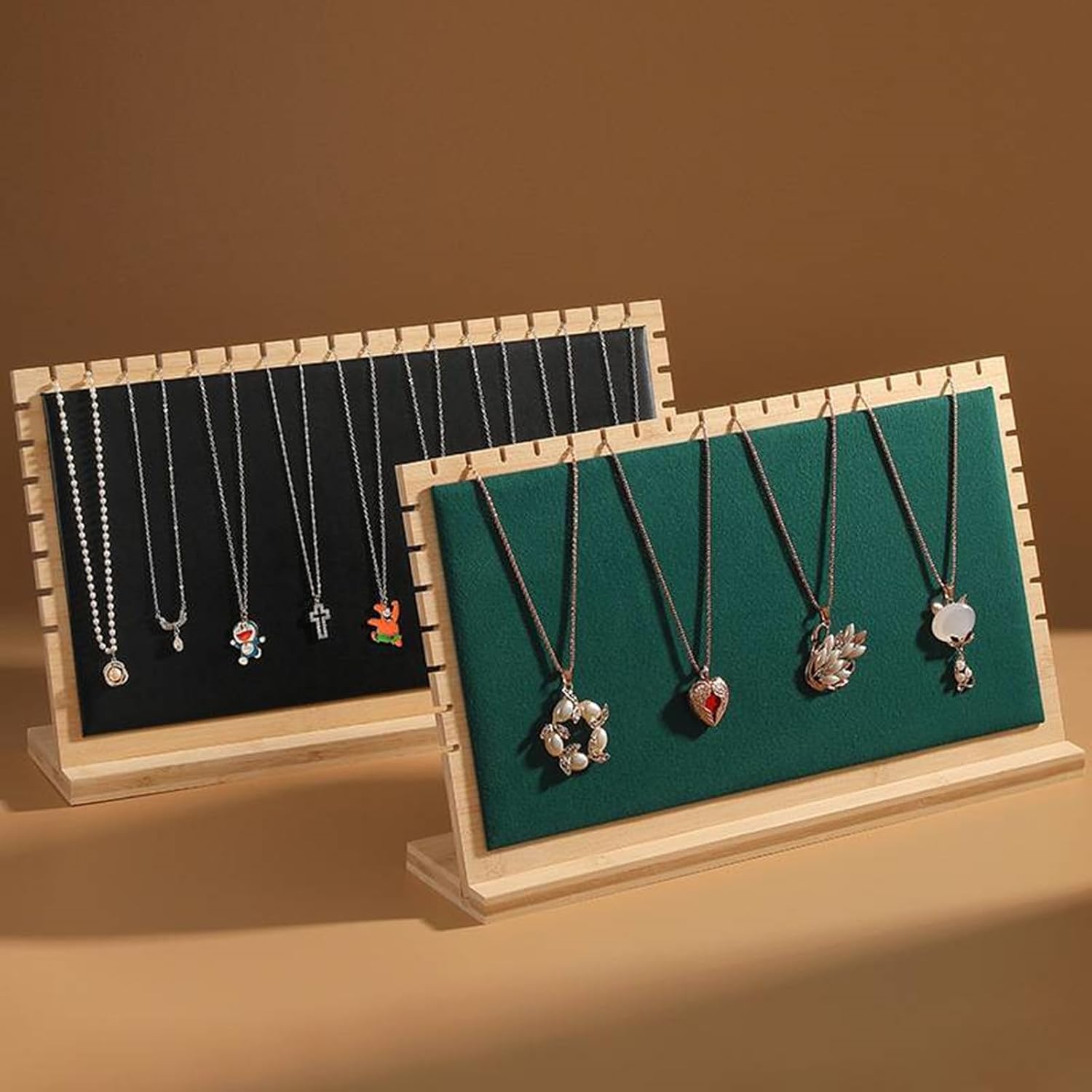 15.5"x8.8" Horizontal Necklace Jewelry Display Stand with Leather Soft Mat Wood Necklace Pendant Chain Jewelry Tabletop Display Storage Holder for Vendors Exhibitor Craft Shows