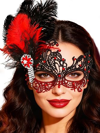 Urieo Feather Masquerade Mask Lace Venetian Mask Rhinestone Cosplay Masks for Women