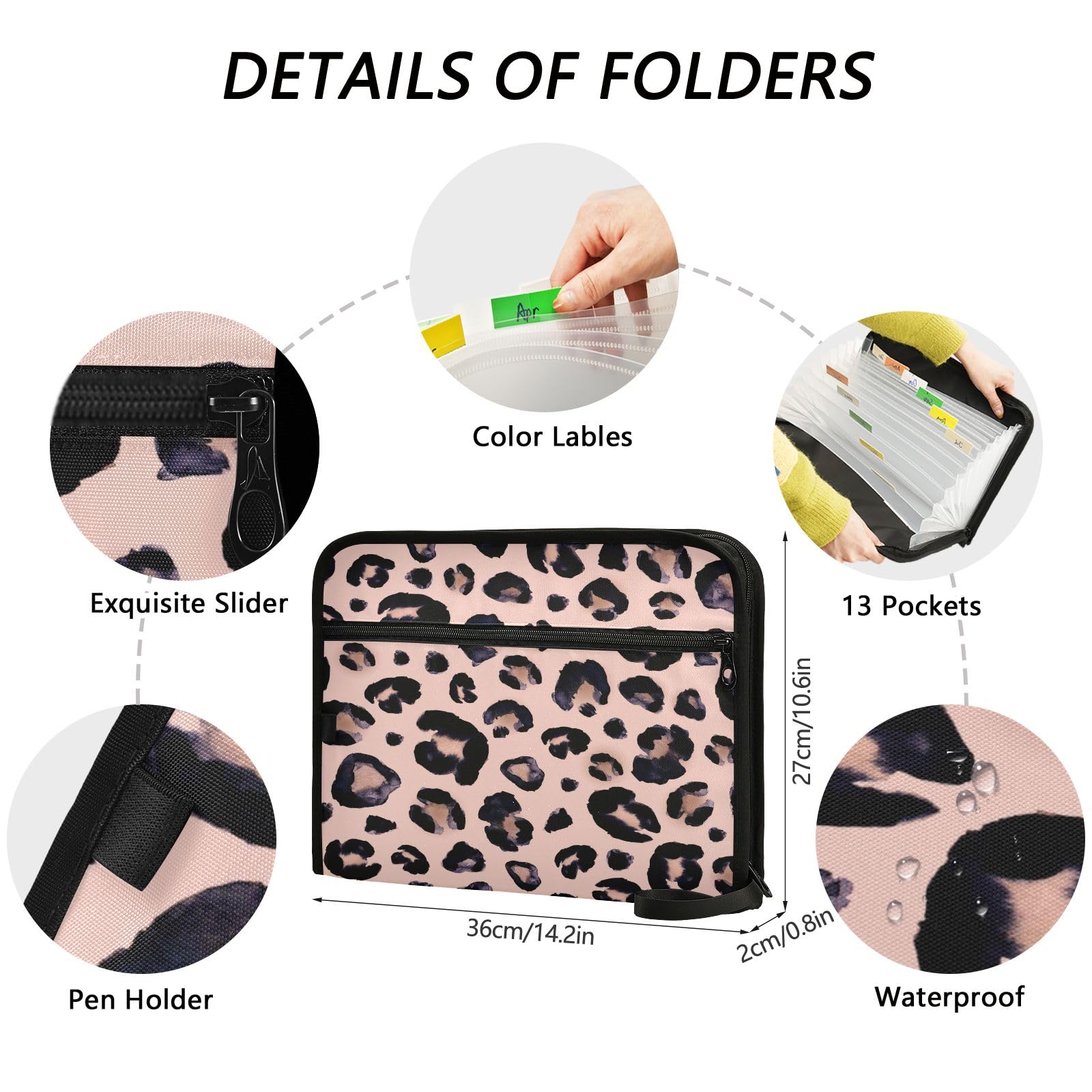 Leopard Print Cheetah Pink File Organizer 13 Pocket Expanding File Folder with Front Pouch Portable Business Fire Storage Document Organizer Folder with Zipper - Image 3