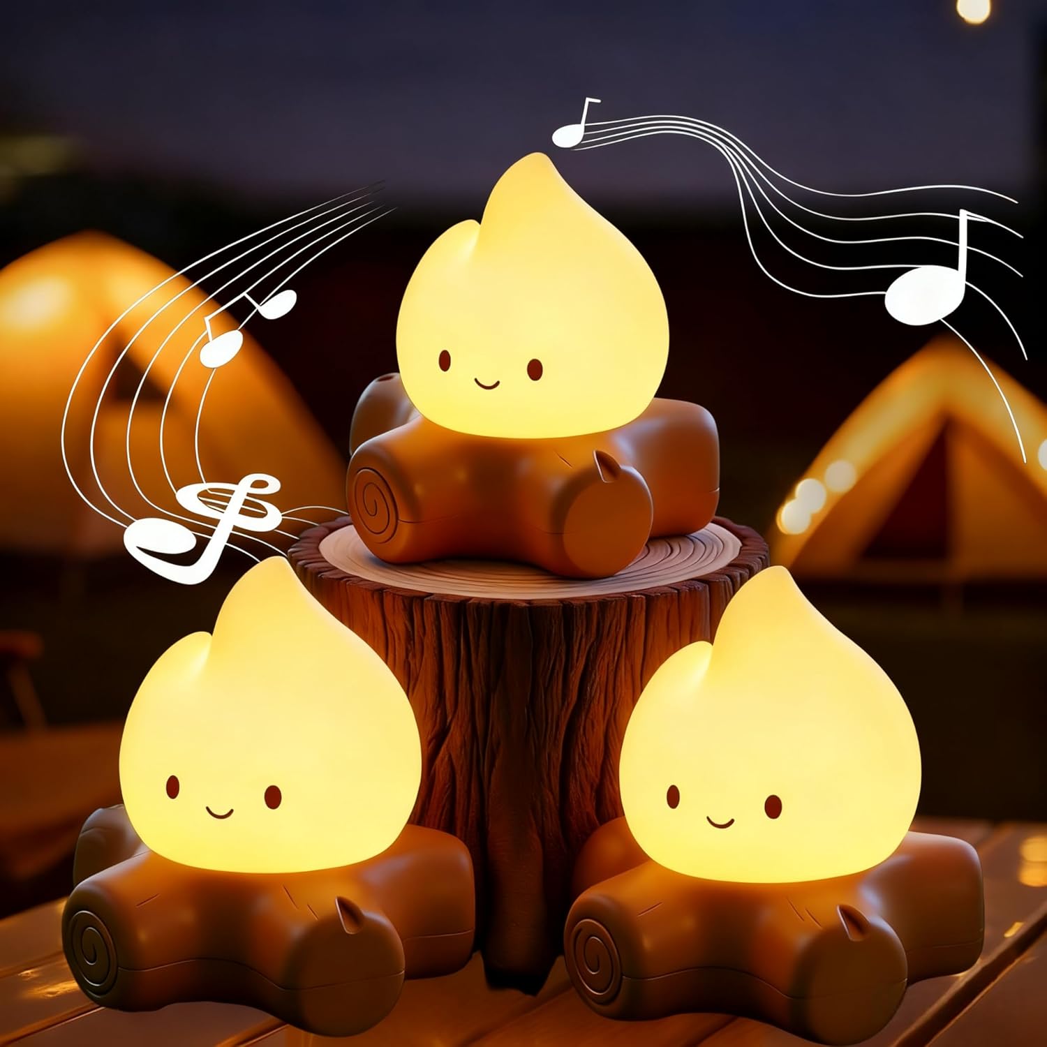 3 Pcs Campfire Night Light, Rechargeable Flame Lamp with 5 White Noise, Dimmable Flameless Candles Lights, Portable LED Ambiance Light for Camping Indoor Outdoor Holiday Decor Gifts