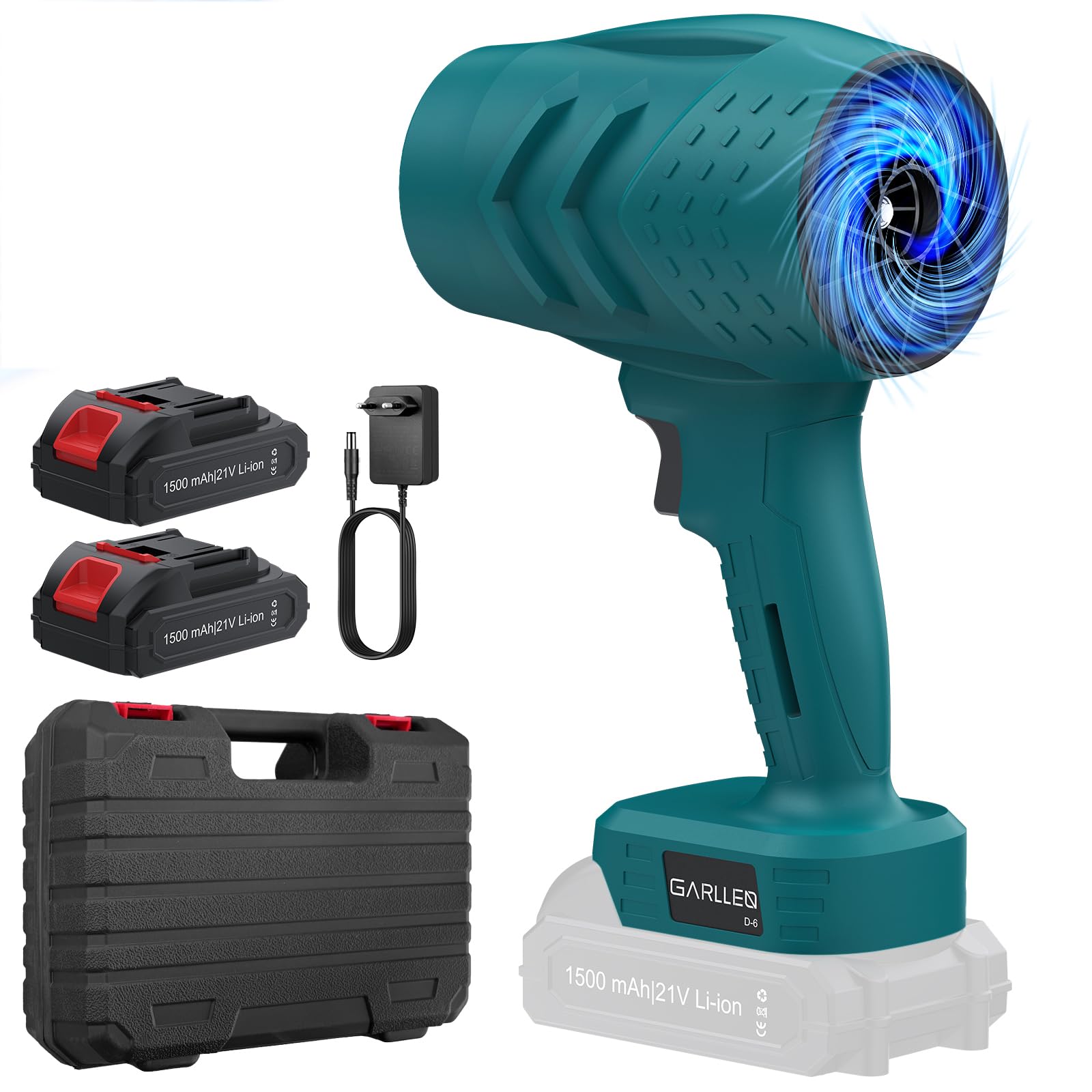 GARLLEN Soplador de Hojas Inalámbrico 21V, Motor de Cobre Puro 35000 RPM, Velocidad del Viento Ajustable Libre, 2 Baterías 1,5Ah con Cargador Rápido Ideal para Jardín, Terraza, Coche, Camping