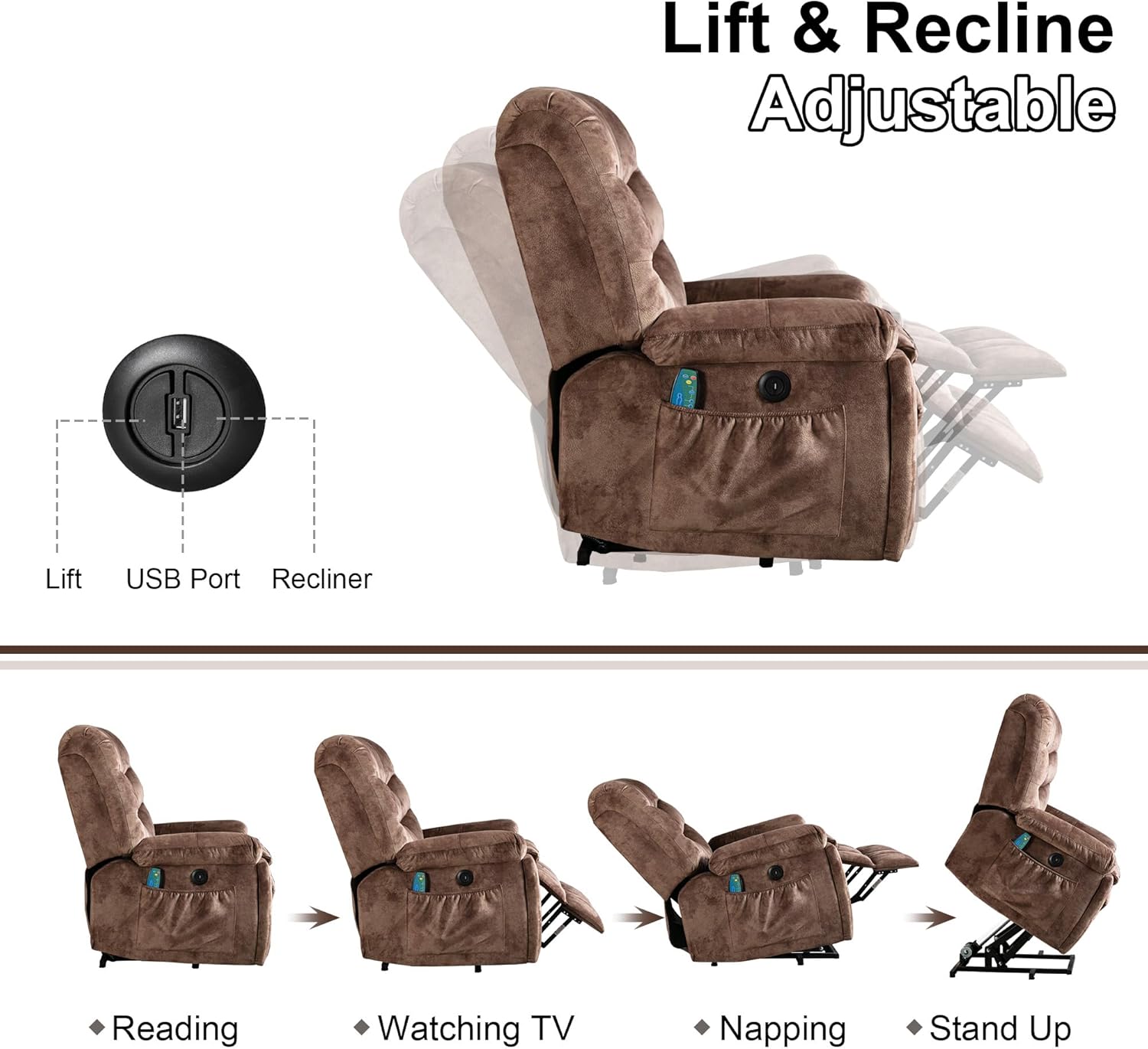 Bonzy Home Power Lift Recliner Chair for Elderly, Electric Lift Chair with Massage & Heat, Upholstered Single Sofa with 2 Hidden Cup Holders, USB Charge Port, Side Pockets for Living Room, Dark Brown