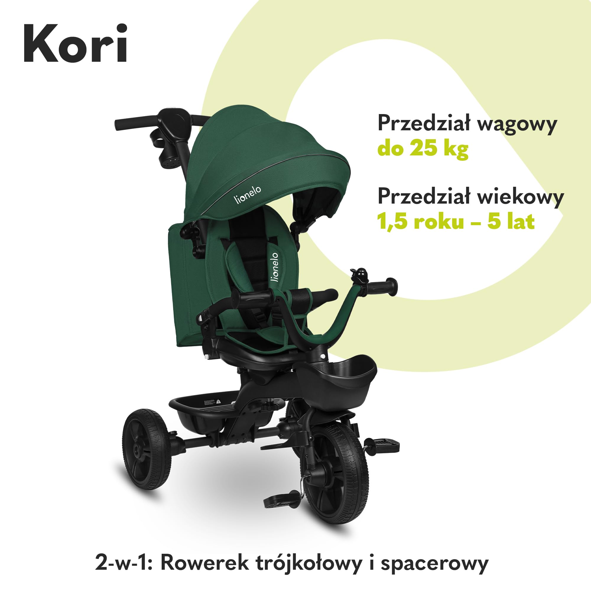 LIONELO Kori Rower trójkołowy 2 w 1, kontrola toru jazdy, obracane siedzisko, składany daszek, wytrzymała i lekka konstrukcja, uchwyt na kubek, praktyczna torba