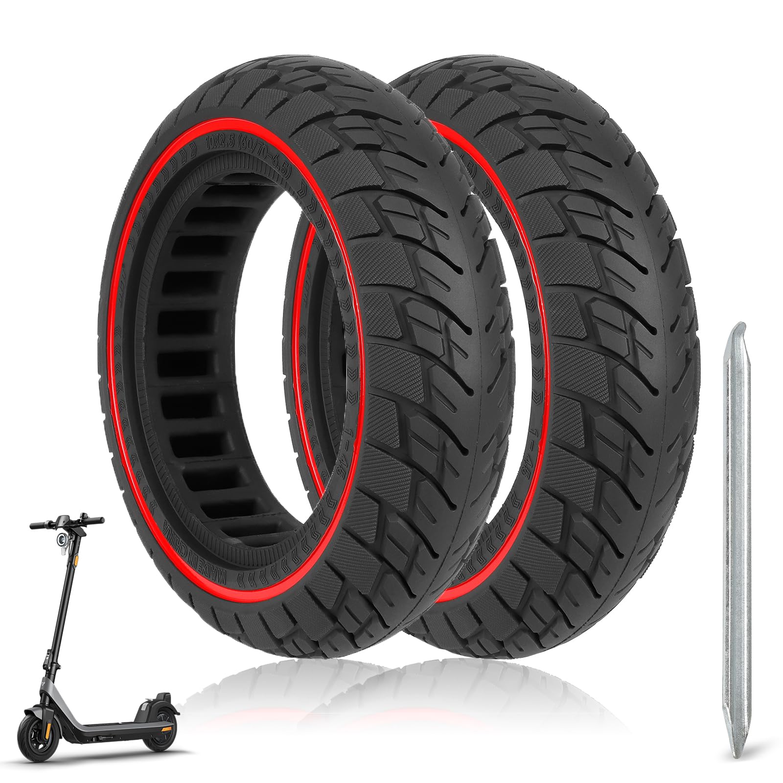 10×2,5 Pneumatico Solido per Scooter Elettrico，60/70-6.5 Ruote Monopattino Elettrico，10 Pollici Ruota di Ricambi Antiesplosione e Antiscivolo per Ruote Monopattino(45mm),2PCS