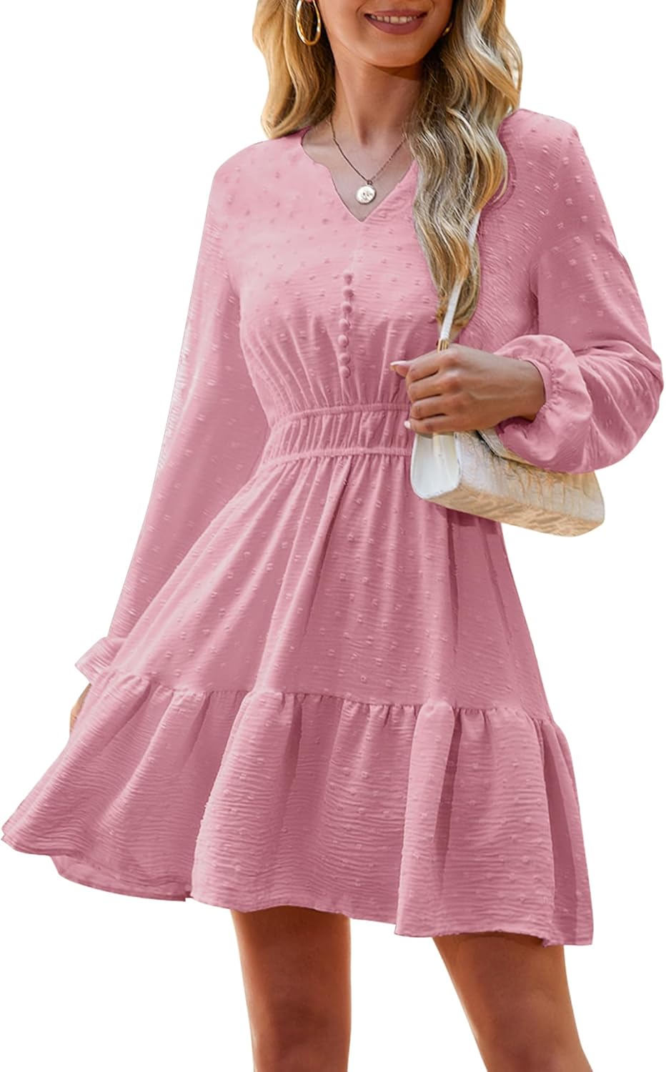 2026 Womens Mini Dresses Long Sleeve Casual V Neck Empire Waist Ruffle Swing A-Line Dress with Button Decoration