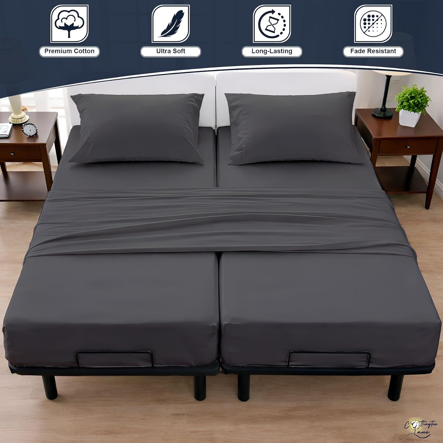 Cottington Lane Split Queen Sheets Sets for Adjustable Bed, Premium Cotton Split Queen Coolling Bed Sheets with 16 Inch Deep Pockets, Hotel Luxury Ultra Soft & Durable Bedding, Dark Grey Solid