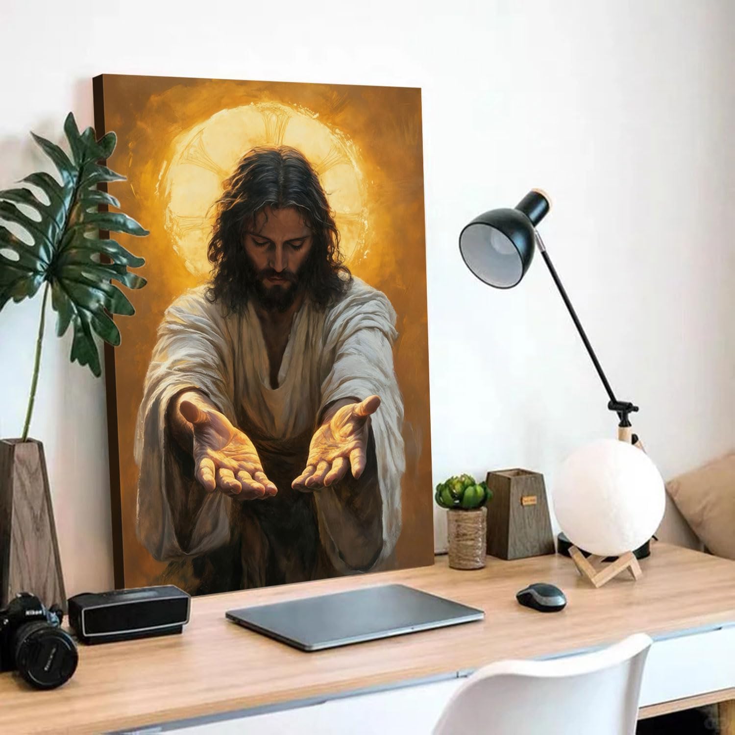 Framed Jesus Canvas Wall Art Jesus Gold Halo Wall Decor Picture Christian Poster Painting Decoration Unique Print Wall Decor Living Room Bedroom Church Home Decor 16x24 Inch Ready to Hang