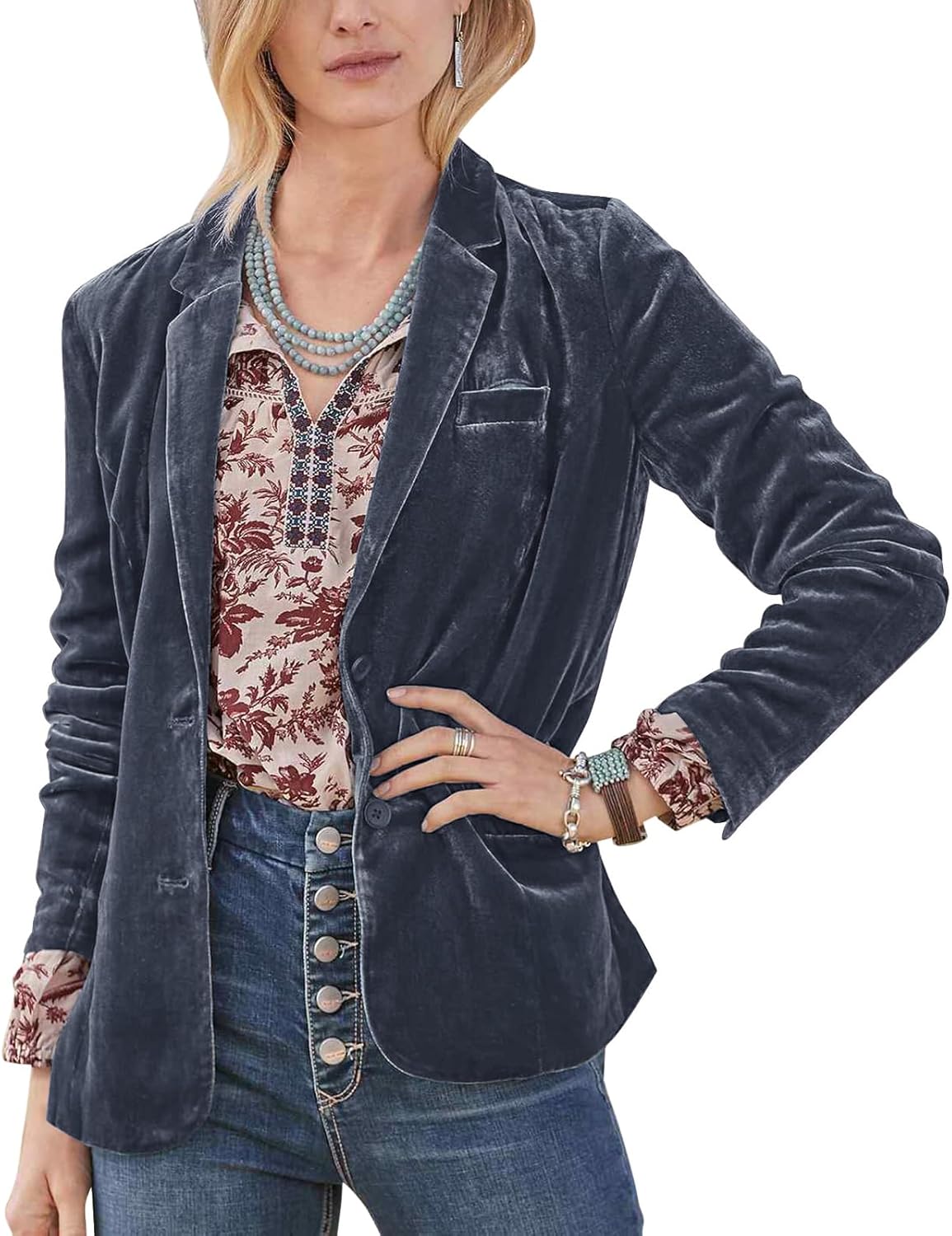 MINTLIMIT Women's Womens Velvet Blazers Suit Button Front Notched Lapel Long Sleeve Jacket Suit Loose Fitting Tailored Jacket Coat(Dark Grey,M)