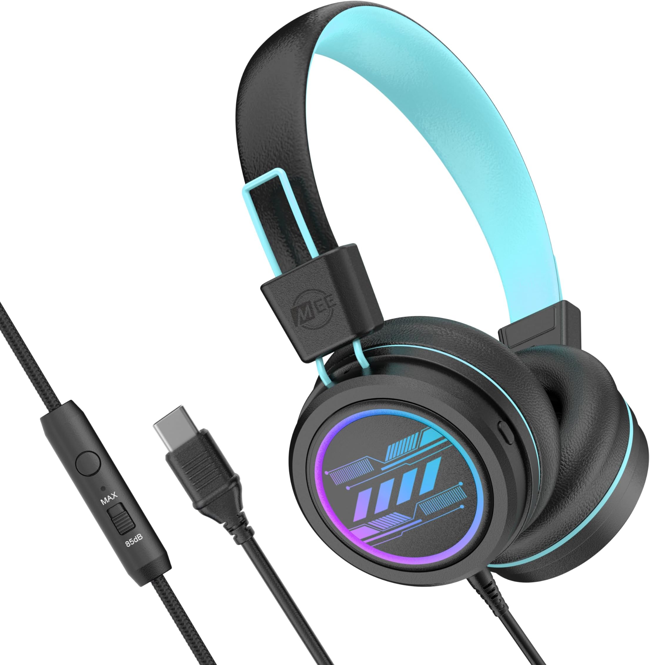 MEE audio KidJamz KJ55 Safe Listening USB-C Headphones for Children with Multicolor LED Lights, Volume Limiter, & Microphone; On-Ear Wired Kid Headset for iPhone 16, iPad, & USB Type C Devices (Black)