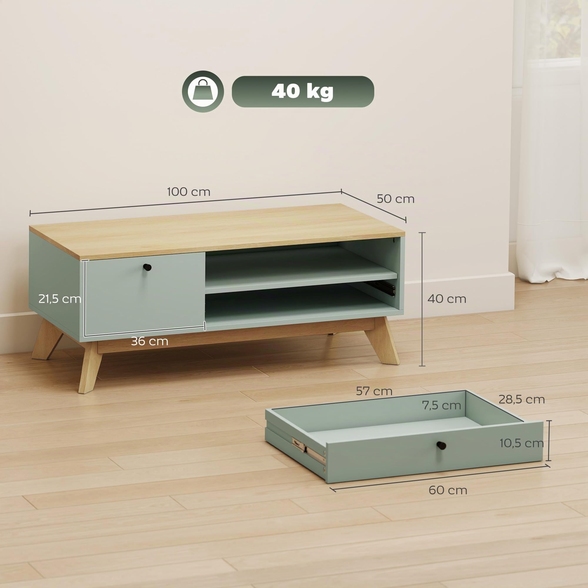 HOMCOM Table Basse de Salon Tiroir 100 x 50 x 40 cm Vert Clair et Chêne
