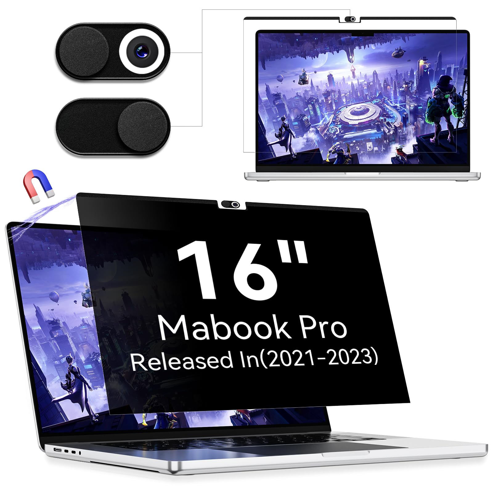 Magnetic Privacy Screen Protector Compatible with MacBook Pro 16 Inch (2021-2024, M1, M2), Removable Anti Spy Blue Light Glare Shield Laptop Privacy Filter for Apple Mac Pro 16.2 in(A2991/A2485/A2780)