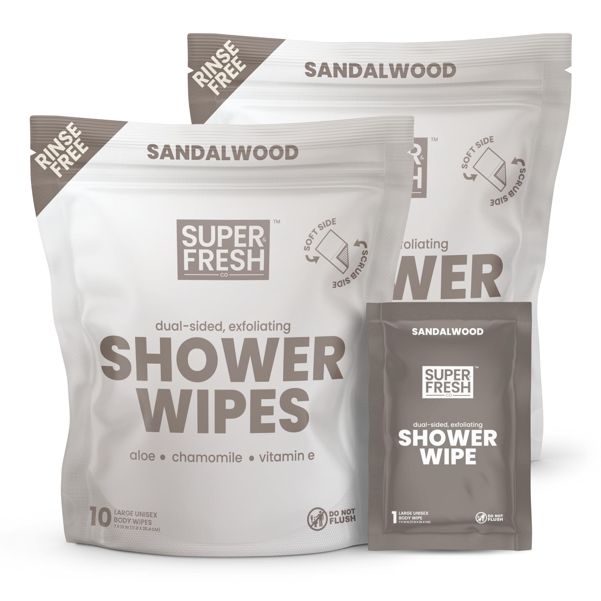 Super Fresh Shower Wipes Large Sandalwood Body Wipes for No Rinse Bathing Personal Hygiene Gym Travel or Camping Enriched with Aloe and Vitamin E 20