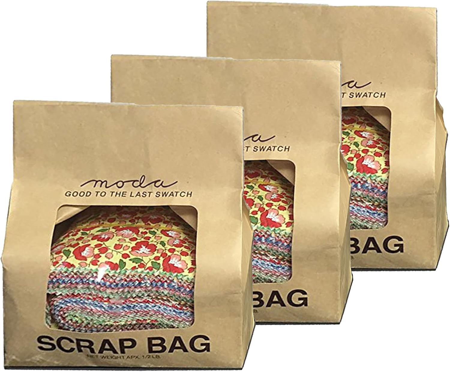 Moda Fabric 3 Scrap Bags, Assorted, 6 Inches