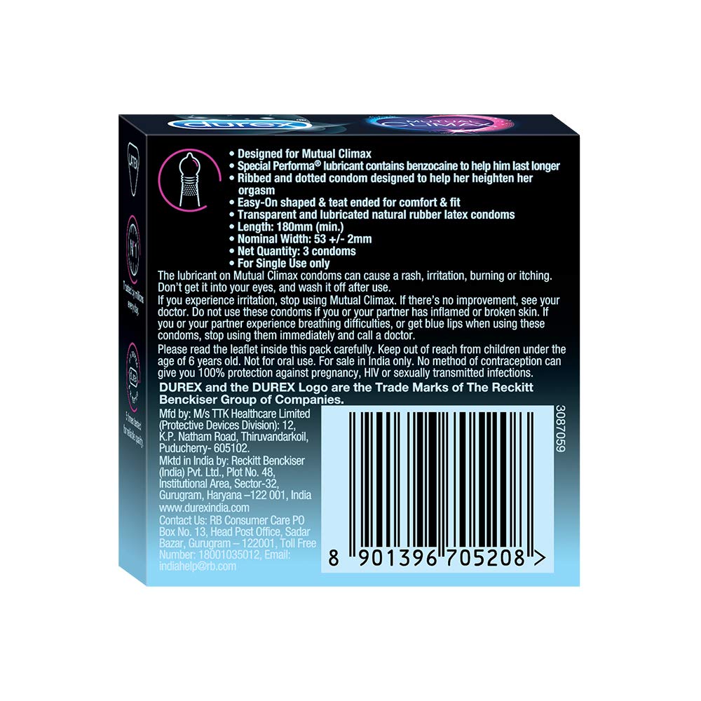 Durex Mutual Climax Condoms for Men & Women - 3 Count |Extra Dotted and Ribbed for Pleasure | Performa Lubricant for Long Lasting Climax Delay|Suitable for use with lubes & toys product image 6