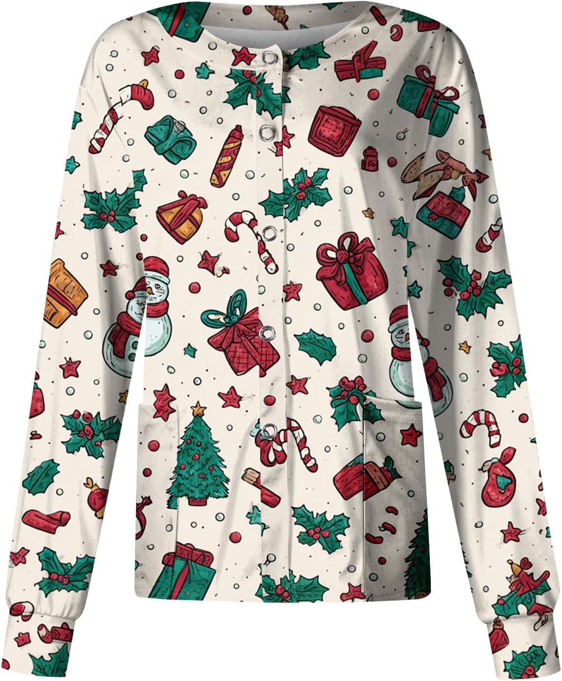 Scrubs for Women Christmas Scrub Jacket Santa Claus Snowflakes Print Long Sleeve Button Up Plus Size Nurse Jackets
