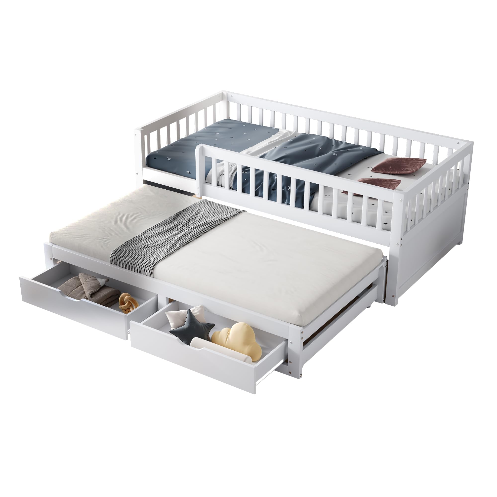 Soweiz Kinderbett Jugendbett Gästebett, Massivholz-Schlafsofa 90x200 cm, Vollverkleidetes Sicherheitsgitter, Ausziehbares Bett mit 2 Schubladen Darunter, Mit Lattenrost (Weiß)