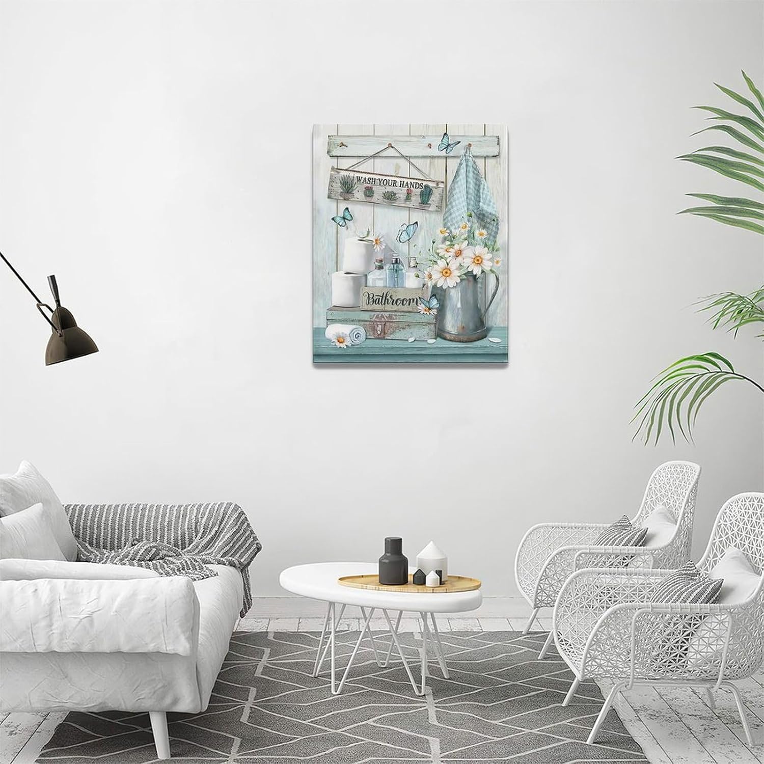 Gyeong Blue Butterfly Floral Farmhouse Bathroom Wall Art 16"x20" Wash Your Hands Canvas Print Painting Artwork Bathroom Decor