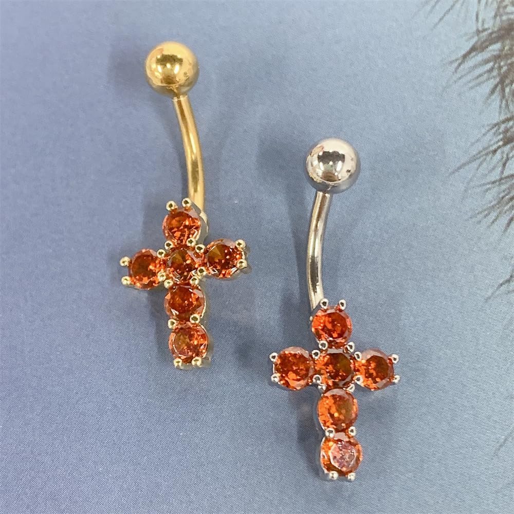 Dainty Cross Belly Button Ring Red Crystal CZ Cross Stainless Steel Belly Navel Piercing Barbell Rings Internally Threaded Belly Body Jewelry - Image 4
