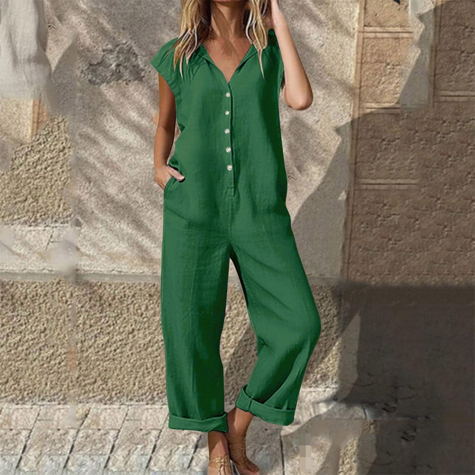 KQIVAM Combinaison Pantalon Fluide Femmes Sans Manches avec Bandage Taille Haute Combishort Femme Chic avec Poches Style Bohe Texture Douce Aérée et Respirante pour Maison et Détente Quotidienne