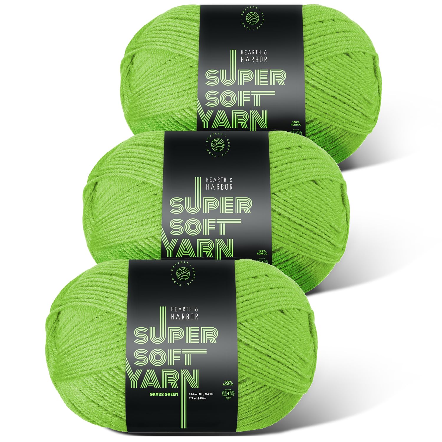 Acrylic Yarn for Crocheting &amp; Knitting – Soft Crochet Yarn for Crocheting, 3 Pack of 370 Yards, Perfect for Crafts &amp; Amigurumi, Medium Worsted Weight 4, Grass Green