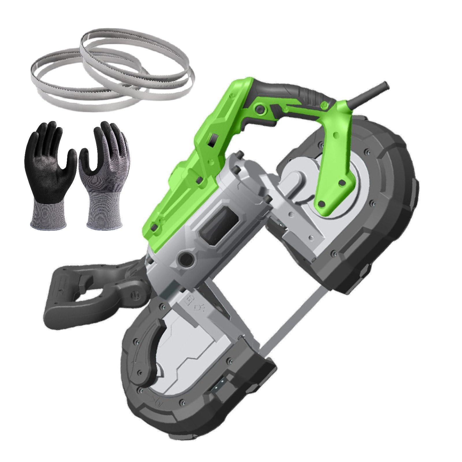 Sega a nastro portatile, sega a nastro per metallo con luce LED integrata, angolo di taglio 0-45°, include 6 lame e guanti, diametro di taglio 12 cm