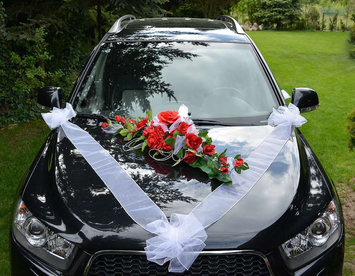 AMP Autoschmuck Autodeko Hochzeit Dekor Verschiedene Variante Komplett (Blumestrauß + Hochzeitstauben – rot)
