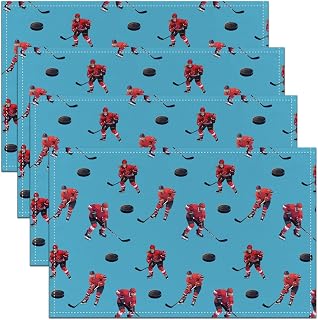 Hockey Player Place Mats 12x18 Inch Set of 4 American Ball Gaming Placemats Sporting Equipment Table Mats for Kids Teen Adults Fashion Blue Kitchen Table Decor
