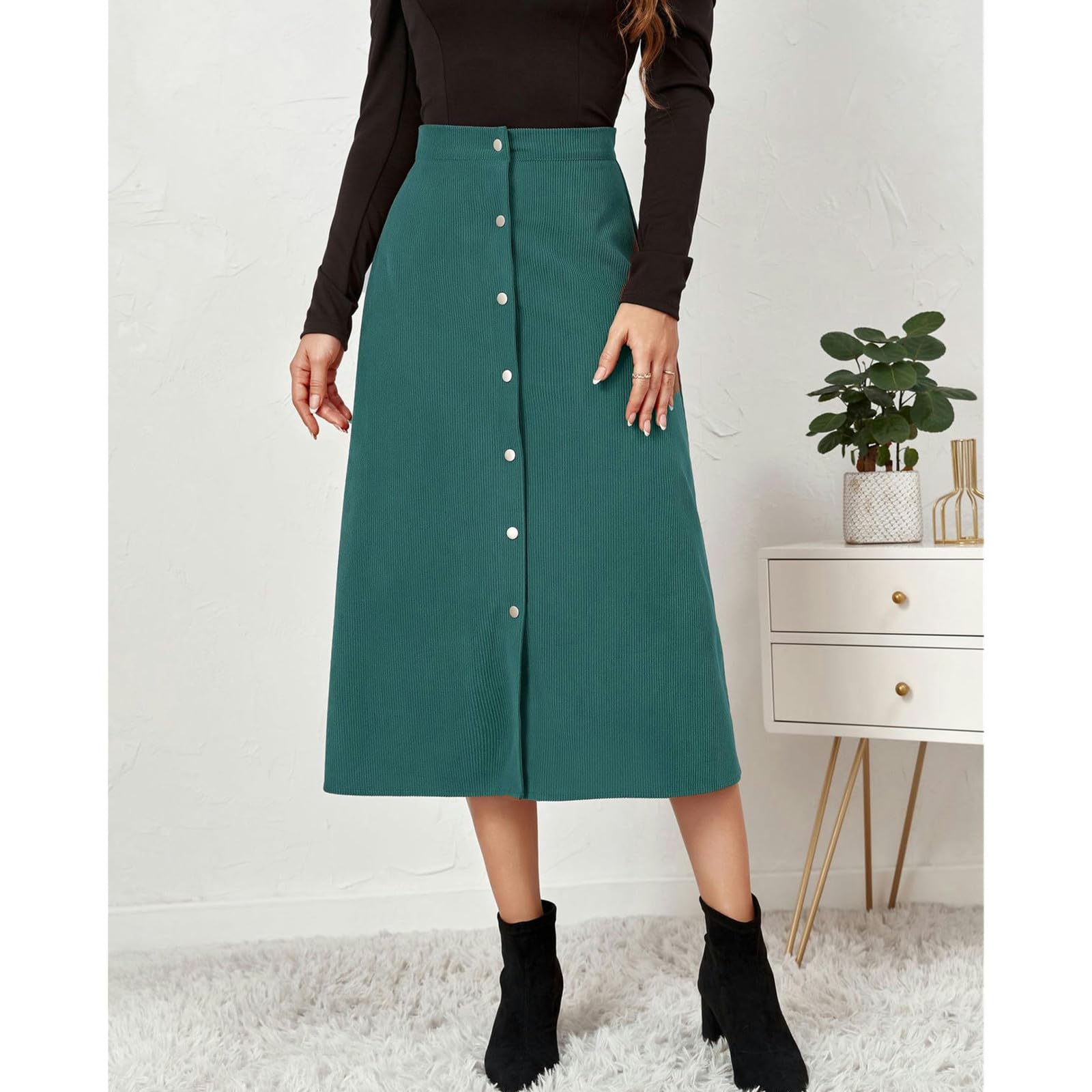 Röcke Einreihiger Langer Cordrock Mit Hoher Taille Für Damen – Stilvolle Und Elegante Damenröcke Für Herbst Winter-Khaki-XL