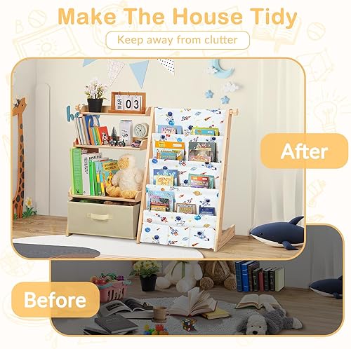 Miniatura 5 de Estantería infantil y organizador de almacenamiento de juguetes de madera 2 en 1 para niños pequeños, estante de 4 niveles con caja de juguetes para