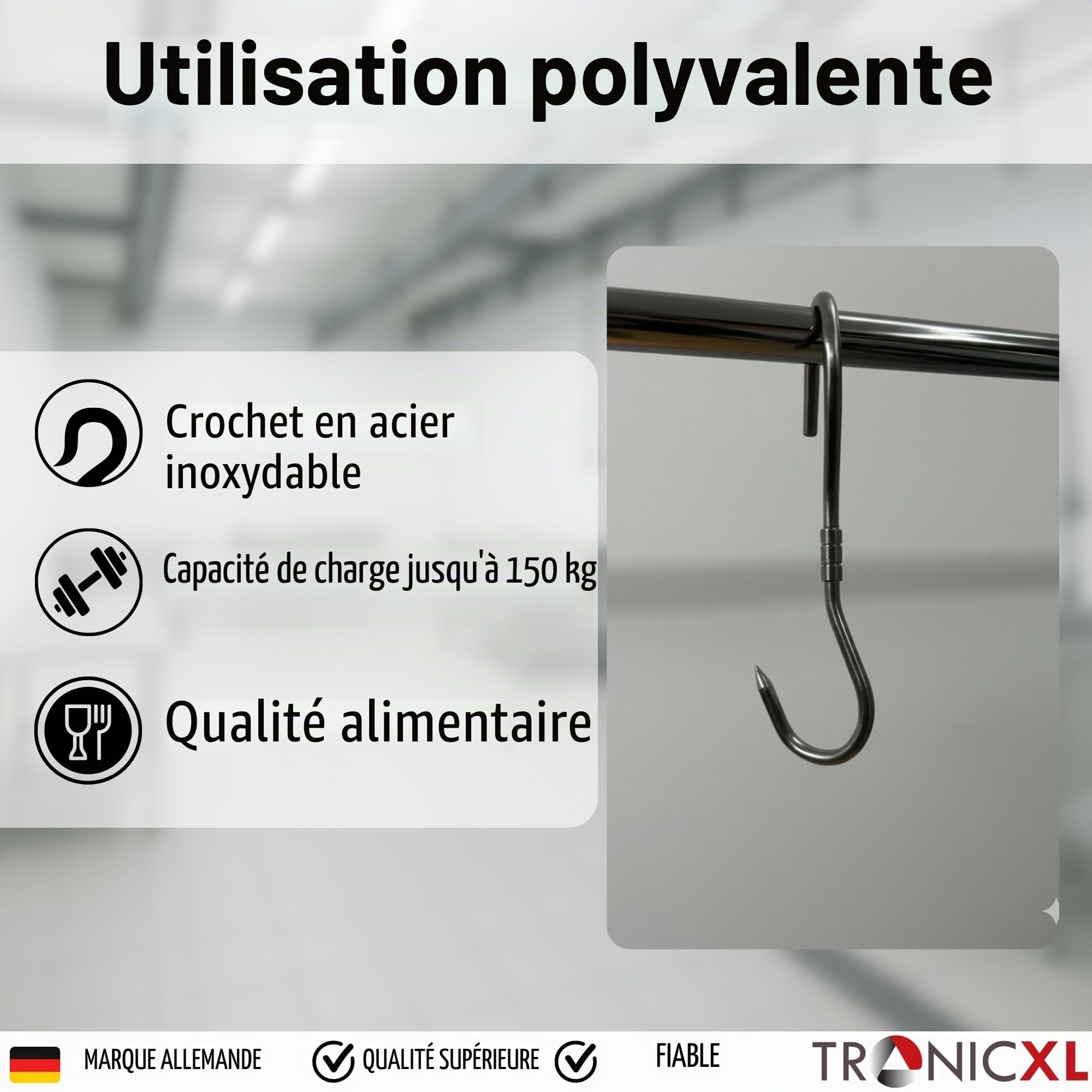TronicXL Lot de 5 crochets professionnels en S - 260 x 10 mm - Crochets rotatifs en acier inoxydable - Crochets à viande pivotants pour suspendre des saucisses, parme, jambon, sanglier